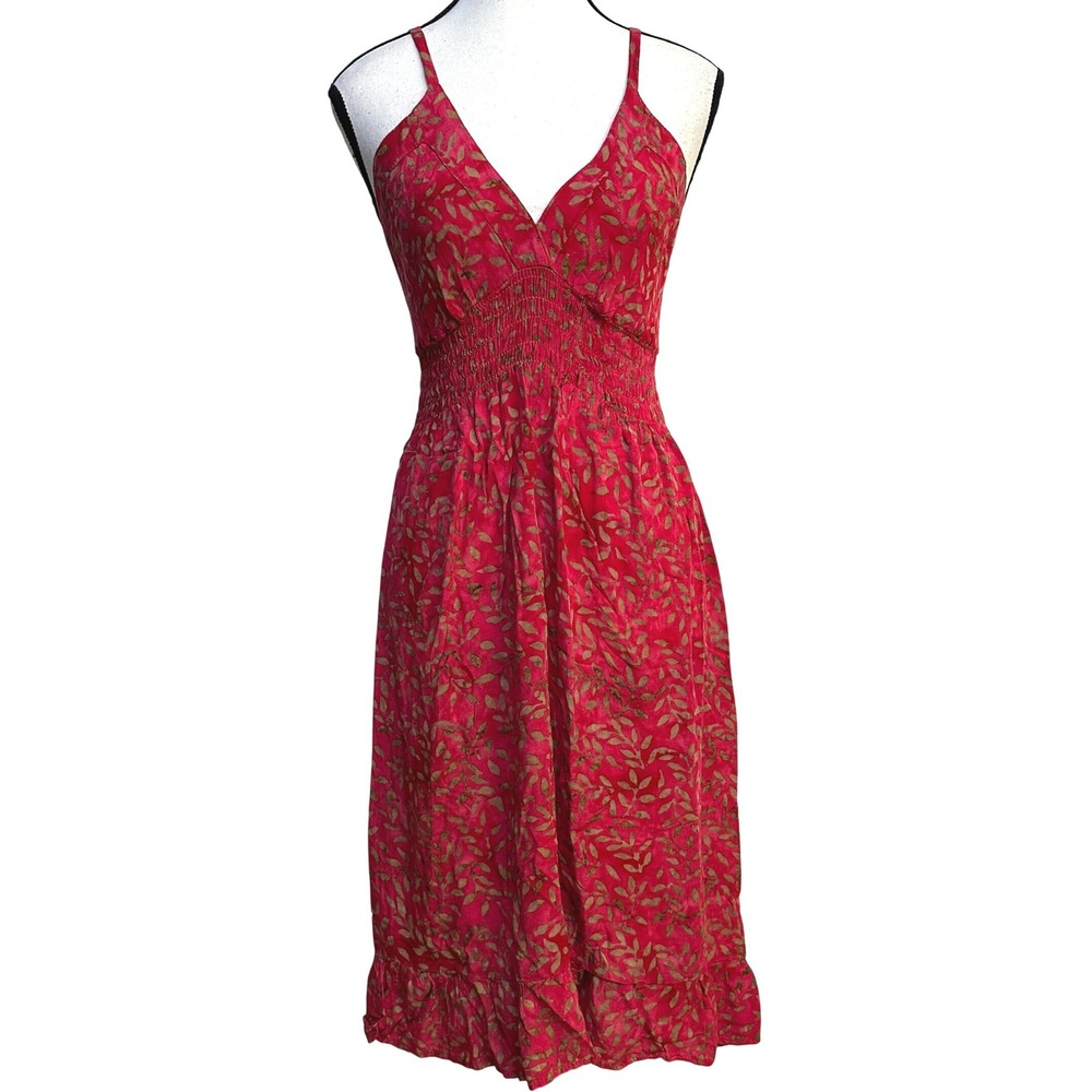 Boho Smocked Midi Sundress OS Rayon Red Batic Ruffle Hem Cottagecore Fairycore